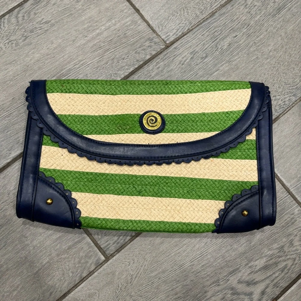 Mudpie Straw Clutch Handbag Envelope Purse Woven Blue Green Stripe Beach